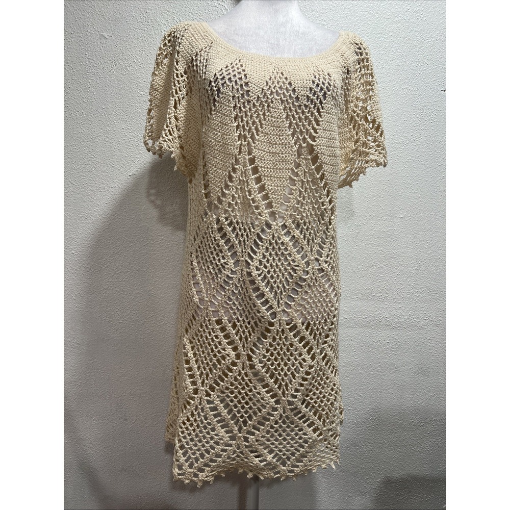 Vintage Open Knit Crochet Mini Dress Small Beige Short Sleeve Geometric Cotton